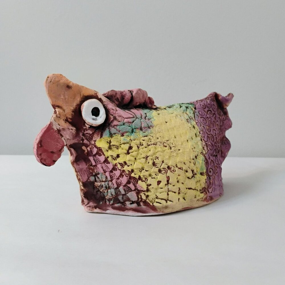 Vintage Handcrafted Chicken Sculpture Signed Back Porch Pottery Folk Art Rooster